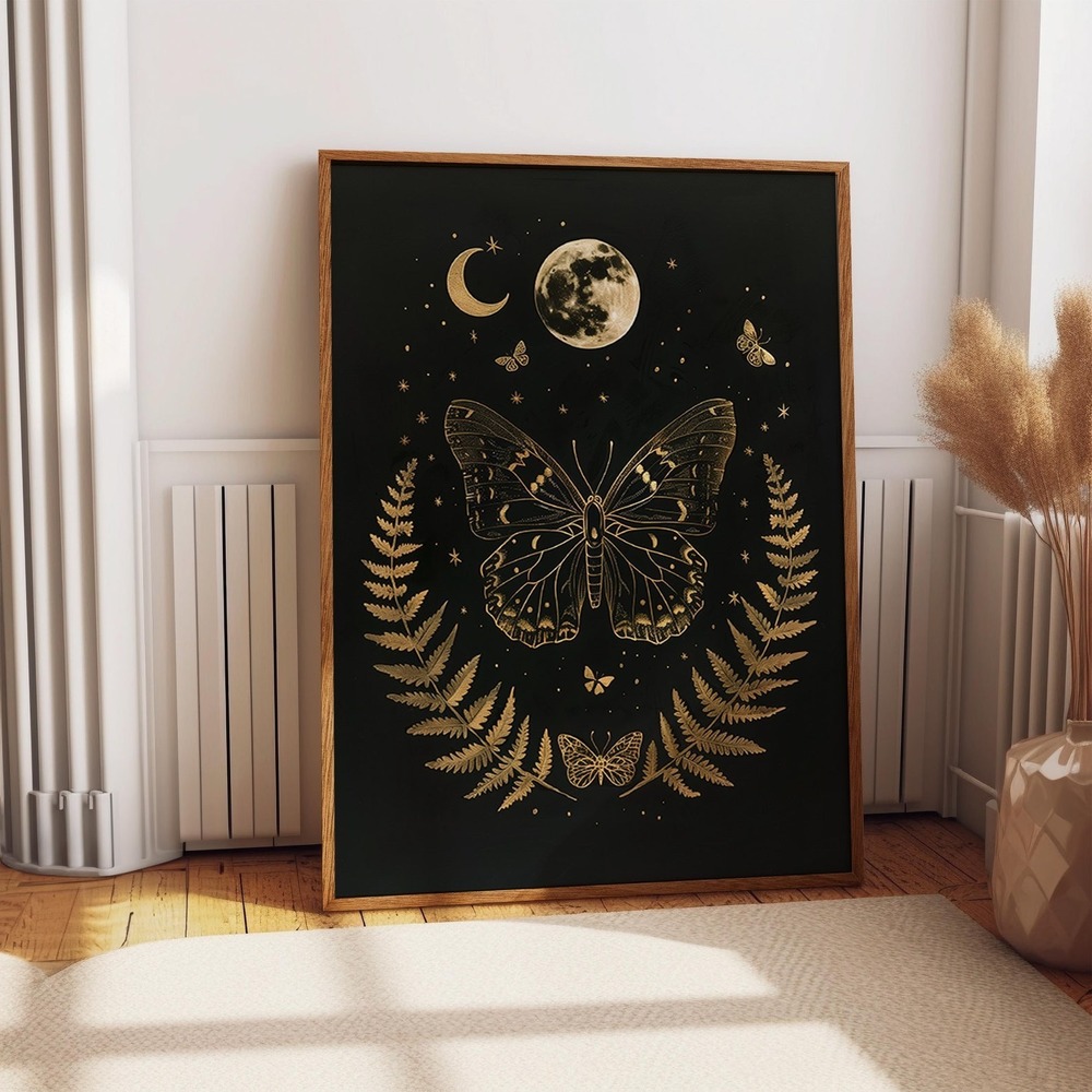 Butterfly Moon And Fern Art Poster - Nature And Celestial Wall Décor